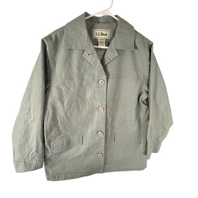 L.L.Bean Jacket Womens Medium Green Linen Blend Button Front Lightweight Lined