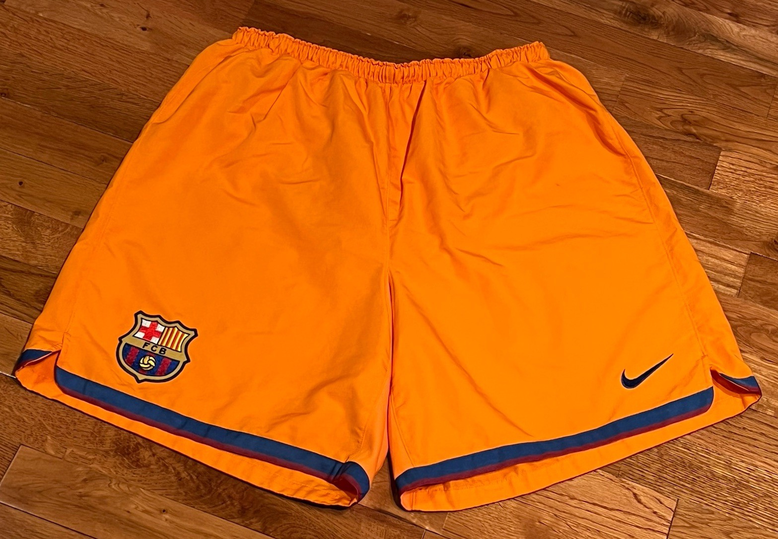 Nike FC Barcelona Orange Shorts Brief Lined Drawstring Patch Football Soccer XL