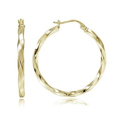 Gold Tone over Sterling Silver 2mm Twist Round Hoop Earrings, 30mm