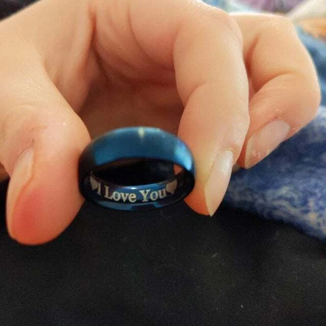 Engraved Men's Matte Blue Wedding Ring - Personalized Guys Blue Wedding Ring - Image 3 of 4