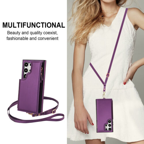 Leather Card Wallet Flip Case For Samsung S24 Ultra S23 S22 S21 Crossbody Strap - Picture 50 of 66