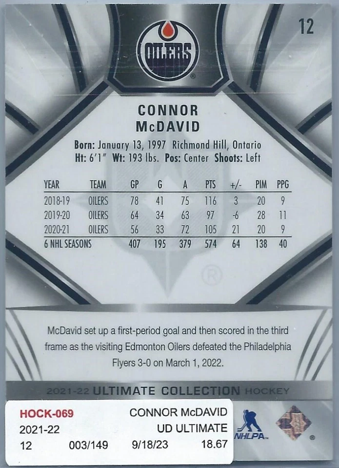 2021-22 Upper Deck Ultimate Collection 003/149 Connor McDavid #12 - Image 2 of 2