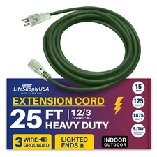 25ft Power Outdoor Extension Cord & Indoor - Waterproof Electric Drop Cord Cable