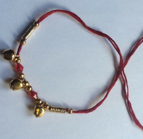 Good Luck Hindu red thread with 3 dangling bells Bracelet 24 Ct Gold affect V1 - Picture 2 of 2