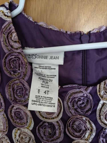 Bonnie Jean Fancy Satiny Pretty Shiny Purple Raised Flowers Girl's Size 4T Dress - Picture 9 of 10