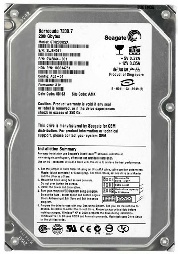 Hard Drive Seagate Barracuda 7200.7 200GB 7200 RPM 8MB ATA ST3200822A 3.5" Inch - 第 1/3 張圖片