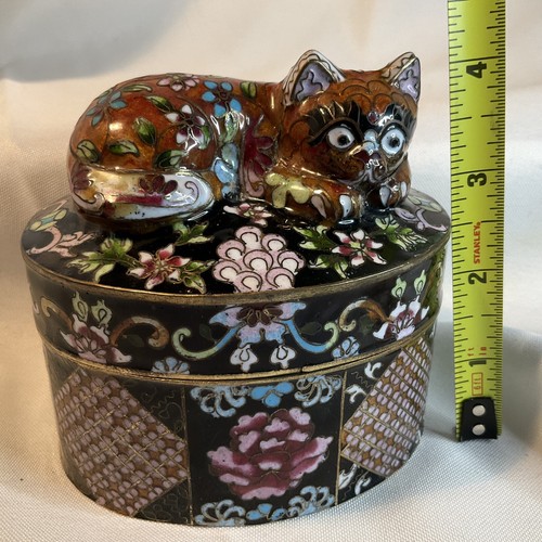 Cloisonné trinket box with cat oval enameled brass vintage Ornate - Picture 7 of 11