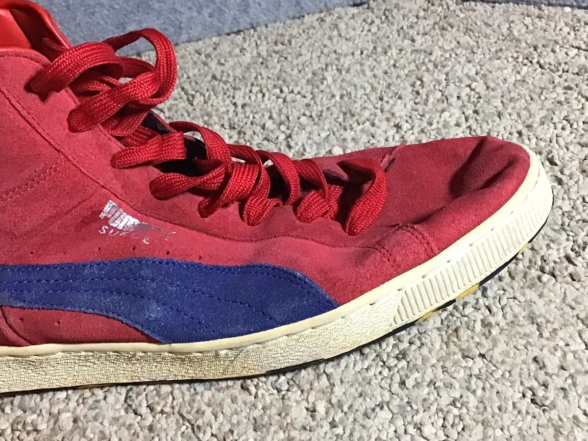 Vintage Red and Blue Striped Suede High Top Puma Shoes - Size Mens