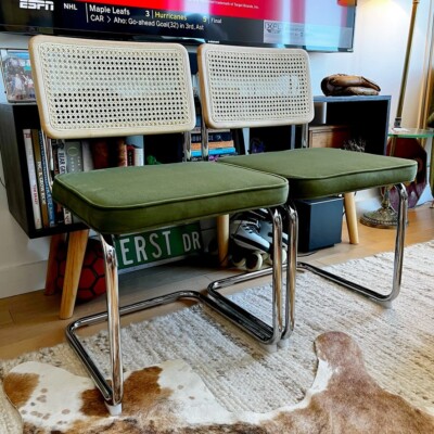 Green Retro Velvet Rattan Cesca Mid-Century Dining Chairs