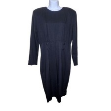 Vintage 80s Midi Long Sleeve Shift Dress Womens Size 14 Black Button Accent