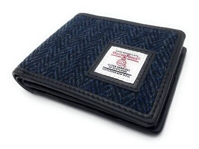 TARTAN TWEEDS Herren Harris Tweed Dreifachfaltung Geldbörse Portemonnaie Marine Fischgrät Echtleder
