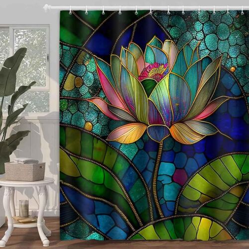 Stained Glass Shower Curtain Colorful Vintage Glass Lotus Flowers Bathroom Sh... - Picture 2 of 7