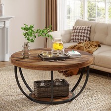 2-Tier Round Coffee Table Modern Faux Marble Wood Center Table for Living Room