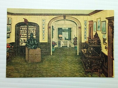 Roosevelt Home Hyde Park NY The Front Hall Statue of FDR Vintage Postcard