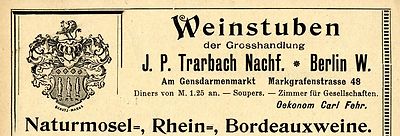 J.P.Trarbach Nachf. Berlin WEINSTUBEN DER GROSSHAND Historische Reklame von 1896