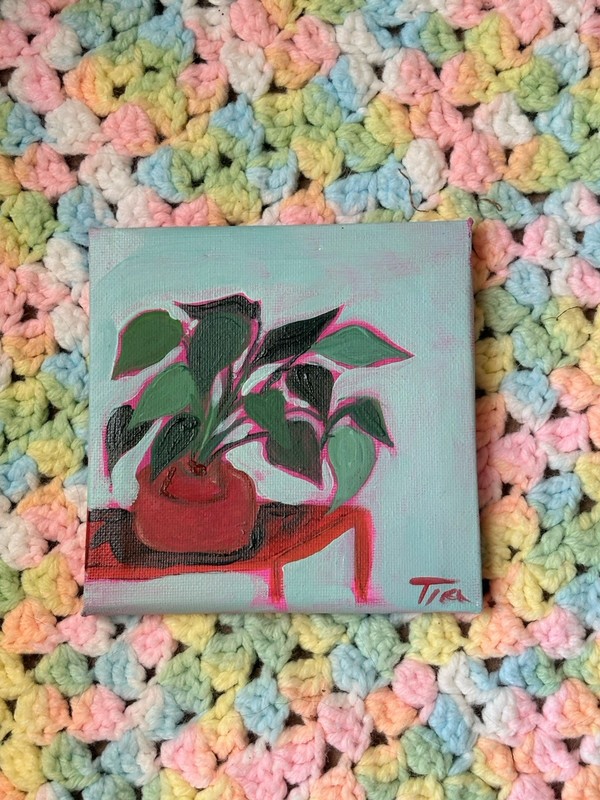 Chic Mini Potted Plant Painting, Original Signed and Unframed