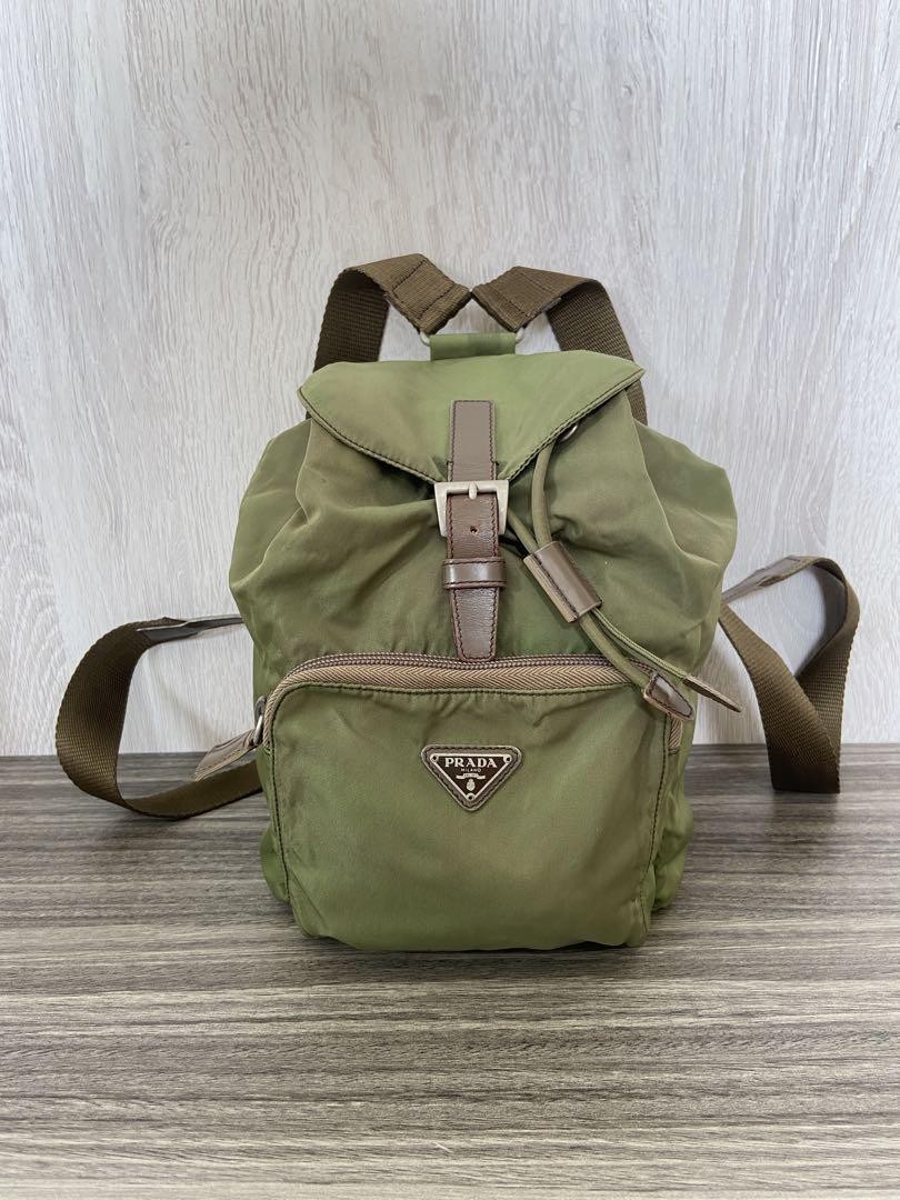 Prada nylon backpack with triangle logo plate in khaki from Japan