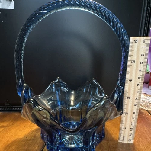 Fenton cobalt Blue Glass  Basket with Handle, Round, Glossy Finish, 10" Tall
