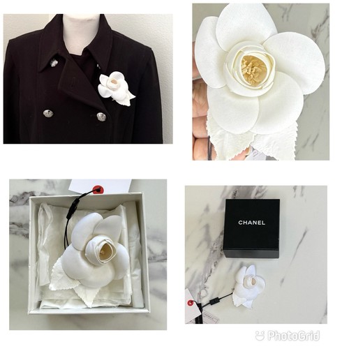 Chanel Camélia White Camellia Folwer Fabric Corsage Brooch Pin VINTAGE ICONIC