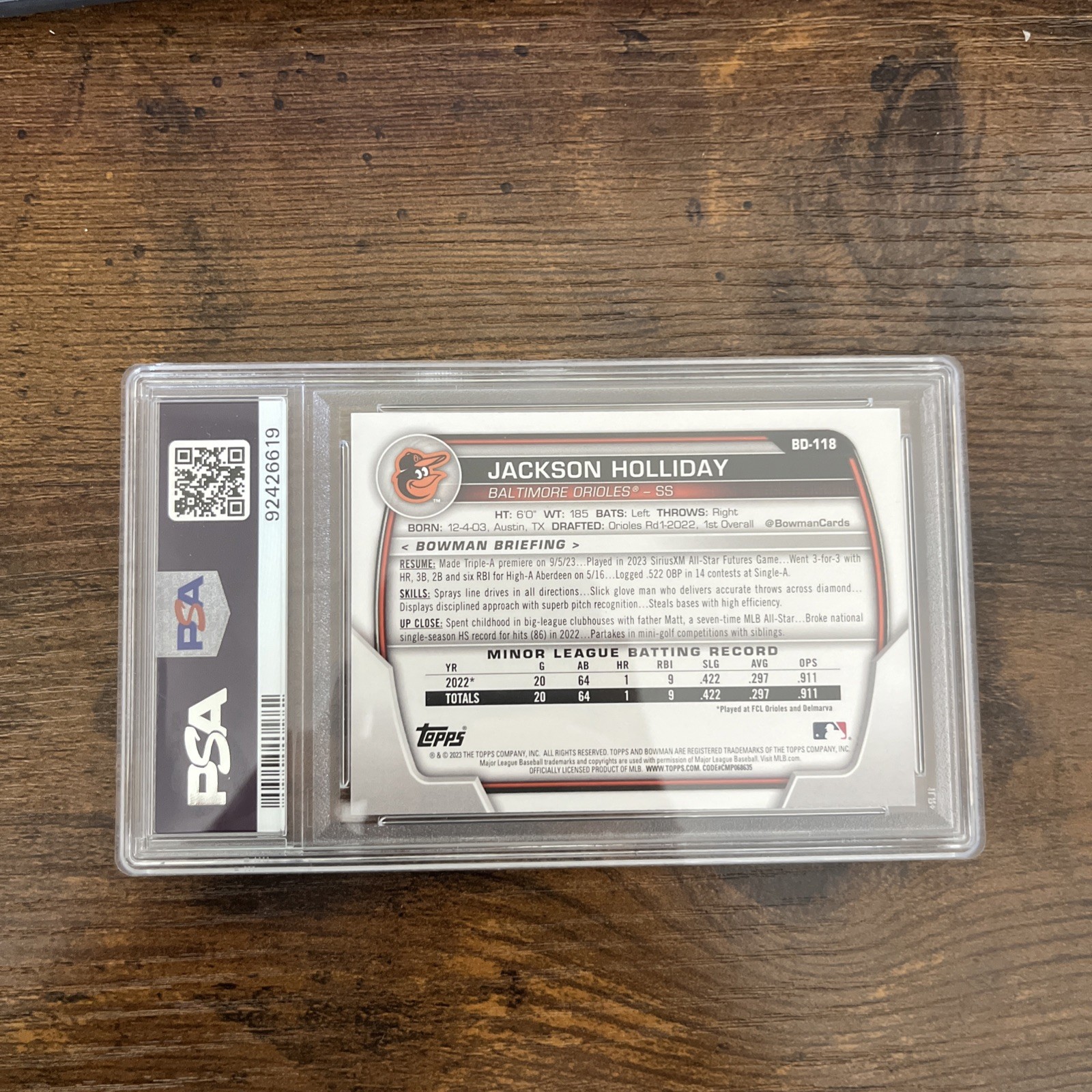 2023 Bowman Draft Jackson Holliday PSA 10 #BD118 RC view 3
