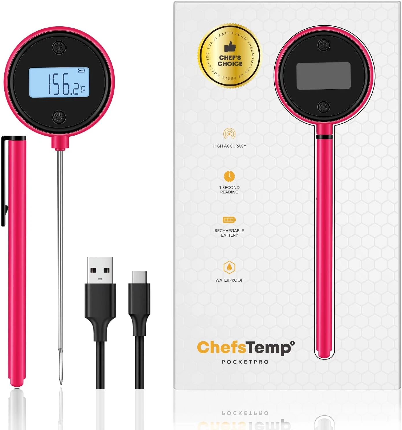 Pocket Pro 1-Second Instant Read Digital Meat Thermometer Rechargeable for Grill