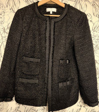 Talbots RSVP Womens 10 Black Boucle Tweed Jacket Sparkle Bow Trim Wool Blend