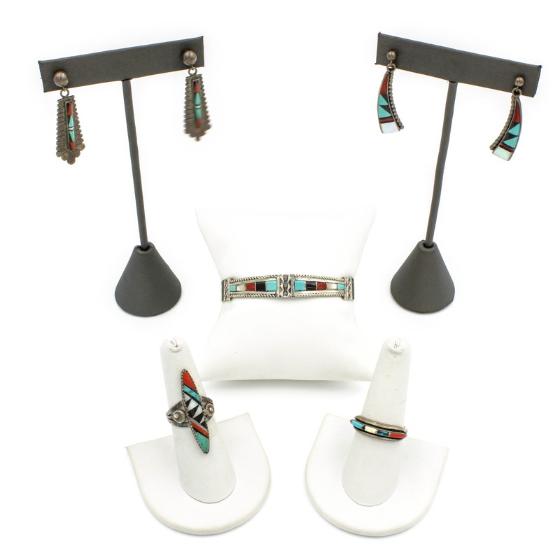 Southwest .925 Turquoise MOP Chip Inlay Ring Earring Bracelet Lot of 5 #S5451-1