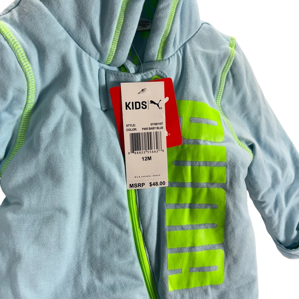 NUEVO Puma Bebé Algodón Traje de Nieve Bunting Dormir 12 Meses Azul Neón Cremallera Completa  Foto 3 de 4