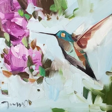 Jose Trujillo Art PRINT 16x16 Impressionism Artist Painting Hummingbird Flowers