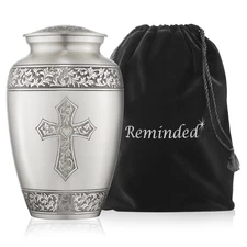 Adult Cremation Funeral Urn for Human Ashes, Pewter Etched Cross with Velvet Bag