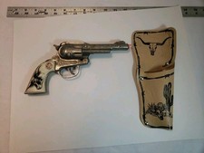 Vintage Hubley USA Pistol Cap Gun Toy Western White Black Steer Grips Holster