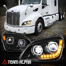 Fits 2011-2021 Peterbilt 579/587 {LED HALO+SEQUENTIAL} Black Projector Headlight
