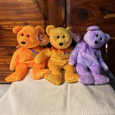 Ty Beanie Babies Decade 10th Anniversary Bear Set Orange Yellow Purple 2003
