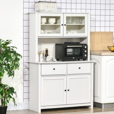 63.5" Buffet with Hutch, Kitchen Pantry W/ Shelves, Antique White