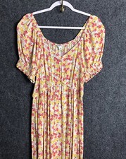 Sonoma Maxi Dress Women’s Size Medium Yellow Pink Floral V-Neck Baby Doll Ruffle