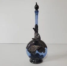 Vintage Perfume Bottle Blue Glass Sterling Silver Floral Flowers Art Collectible