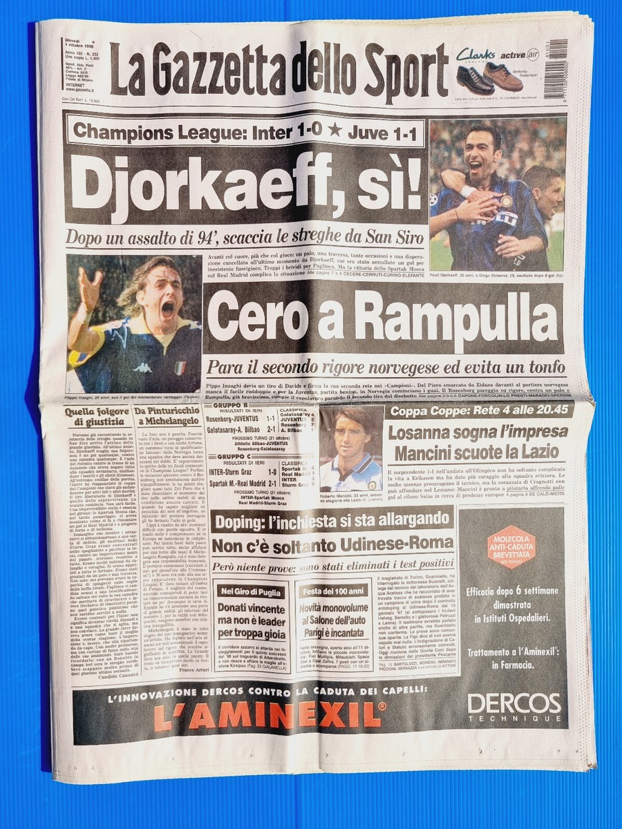 GAZZETTA DELLO SPORT 6 OTTOBRE 1998 INZAGHI-PIACENZA-JUVENTUS