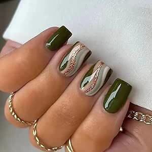 Green Press on Nails Short Square Fake Nails Cute Swirl False