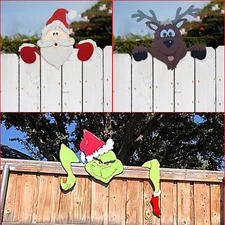 Christmas Fence Peeker Yard Garden Decoration Santa Claus Reindeer Grinch
