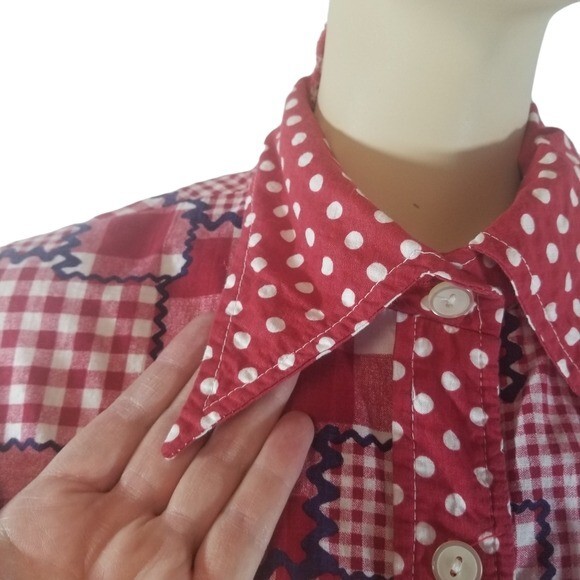 Vtg 70s red gingham plaid patchwork long sleeve h… - image 5