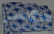 Wired Ribbon Jazz Blue Sparkle Stars White 2.5" Christmas Holiday Wavy Gift Bow