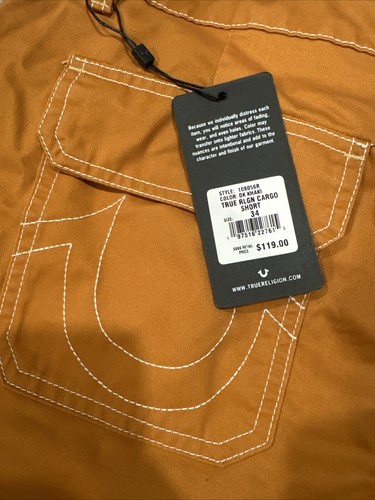 True Religion Cargo Shorts Mens 34 Y2K Logo Pockets Dark Khaki White Stitching - Picture 5 of 5