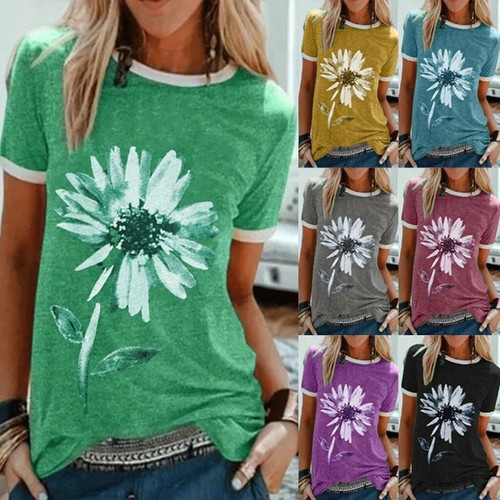 Damen Freizeit Plus Blumendruck Shirt Locker Kurzarm Tunika Tops Bluse