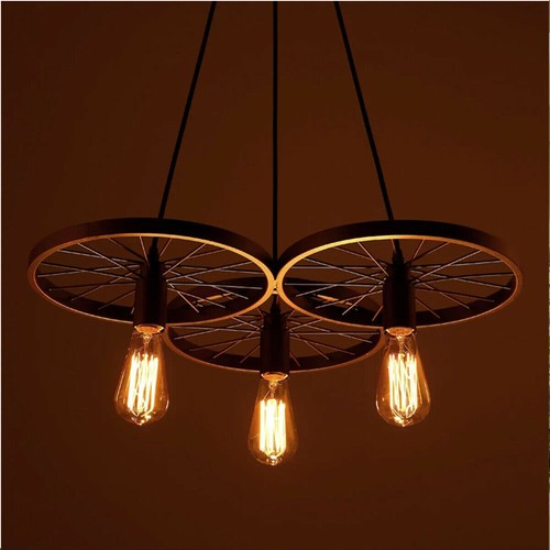 Vintage 3 Way Wheel Ceiling Light Industrial Hanging Pendant Lights for Cafe Bar - Picture 5 of 33