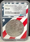1992 $1 AMERICAN SILVER EAGLE NGC MS69 USA FLAG CORE HOLDER