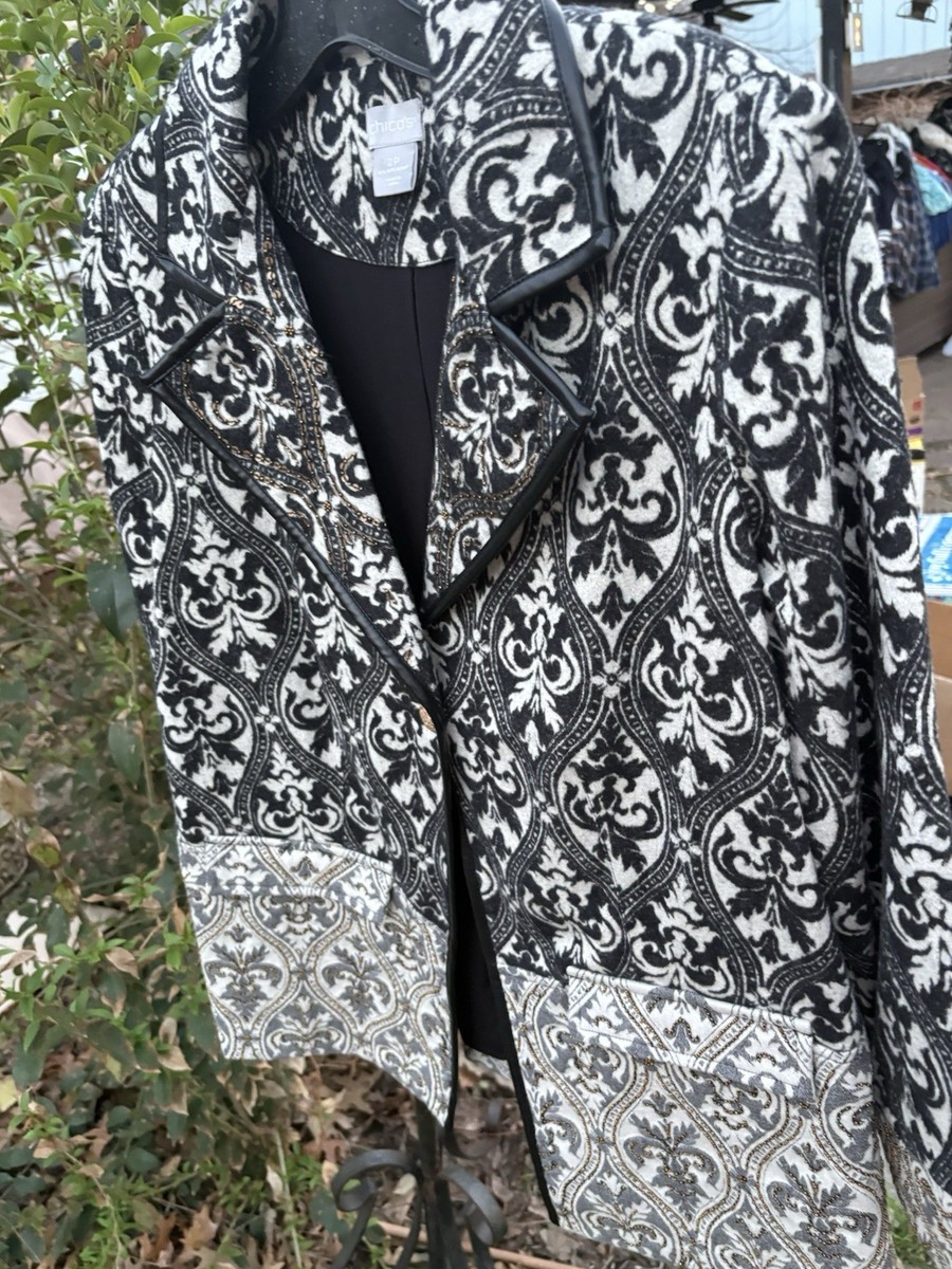 Chico's Blk & Wht  & Grays Jacquard Jacket Embellished  Beads Faux Leather Trm 2 View 5