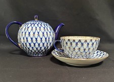 LOMONOSOV Russian Imperial Porcelain Cobalt Net Mini Teapot, Cup Saucer
