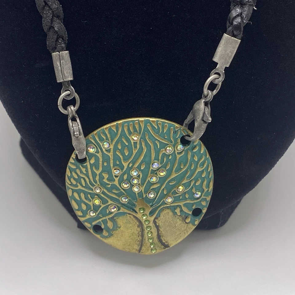 Boho Style Green Enamel Rhinestone Tree Of Life Pendant Black Cord Necklace - Image 2 of 4