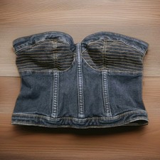 Express Dk Denim Gold Strapless Corset Bustier Top Stitch Detail Blue Zip Back S