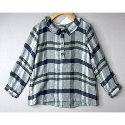 EMILE ET IDA Gray & Navy Check Blouse w/Bow NWT Girls 8 Yrs/8A